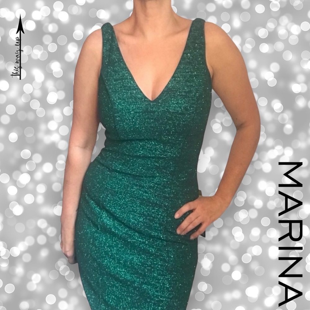 MARINA Green Sleeveless Glitter Dress